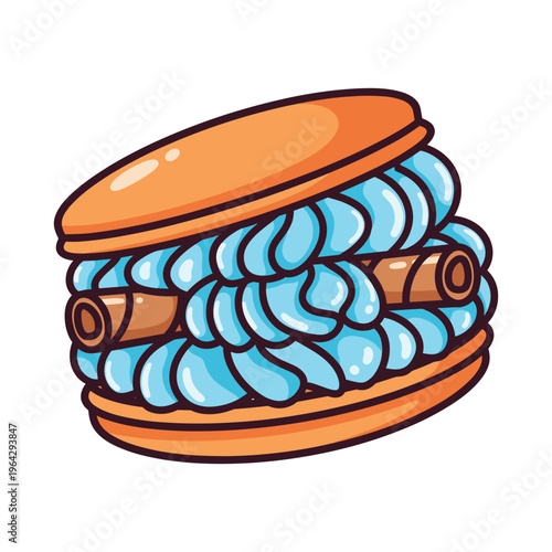 Cute Macaron with Swirled Blue Frosting and Chocolate Wafer