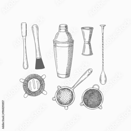 Comprehensive hand-drawn sketch illustration of essential cocktail making tools, showcasing vintage bar equipment and accessories for professional bartending and home mixology