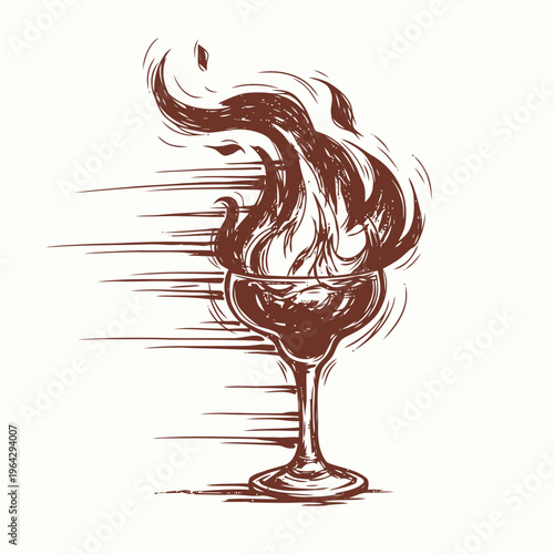 Vibrant hand-sketched fiery cocktail illustration, featuring a glass ablaze with dynamic flames and speed lines, representing intense taste and excitement