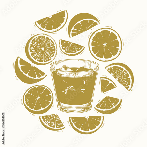 Hand-drawn illustration of a refreshing beverage in a highball glass with ice, encircled by various citrus fruit slices, perfect for drink menus or summer designs