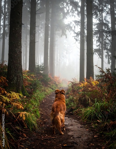 Dogs Journey Through a Misty Forest Trail.
