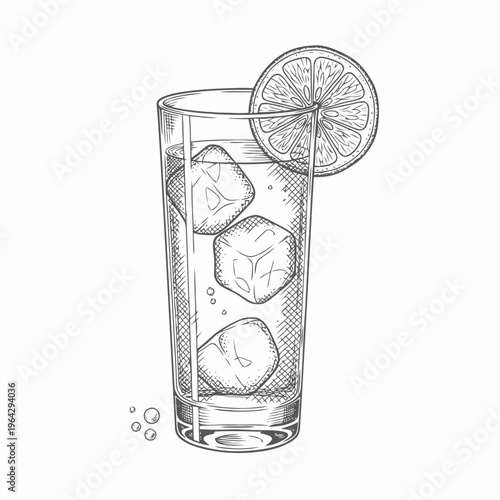 Refreshing tall glass of iced drink with a lemon slice and cubes of ice, captured in a charming hand-drawn sketch style