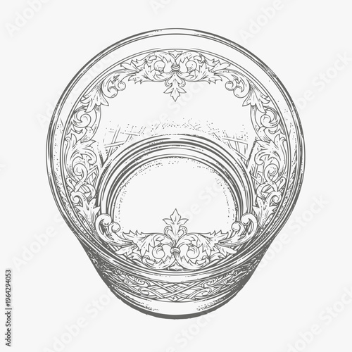 Intricate hand-drawn illustration of an elegant ornate drinking glass from above, featuring detailed vintage decorative patterns for sophisticated design