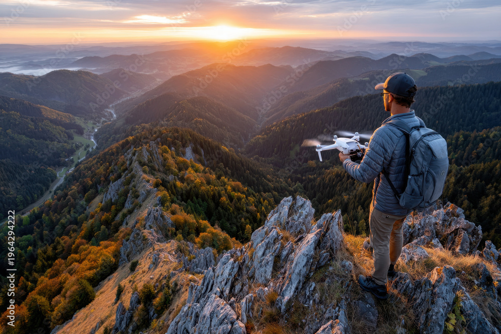 Fototapeta premium Man with drone on mountain at sunrise