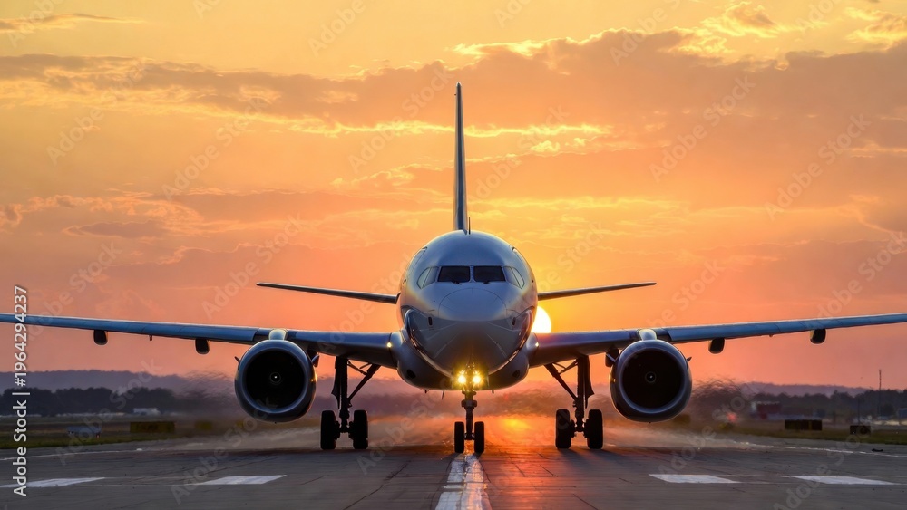 Naklejka premium Airplane sits center runway at sunset