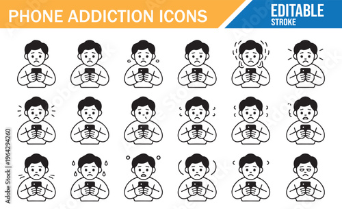 Social media addiction line icons set smartphone overuse vector collection