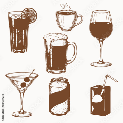 Refreshing hand-drawn beverage illustrations, featuring a diverse variety of drinks like coffee, beer, wine, and cocktails, perfect for menus, packaging, and graphic design projects