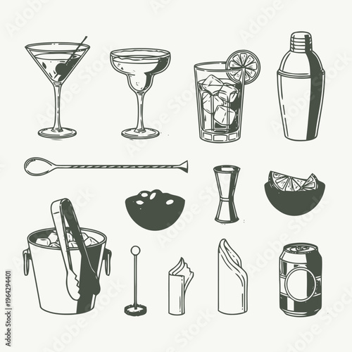 Elegantly Hand-Drawn Vintage Cocktail Elements Collection Featuring Classic Drinks, Barware, and Professional Mixology Tools for Beverage Menus and Retro Design Projects