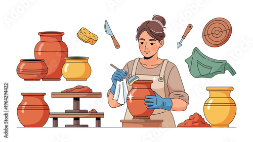 Potter's Craft: A skilled craftsperson meticulously works on a ceramic pot, surrounded by tools and works of art. A testament to artistic expression and dedication to the craft