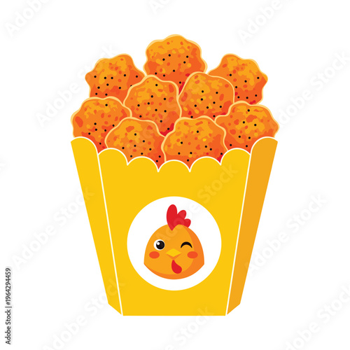 Cute Cartoon Chicken Nuggets in Yellow Box with Winking Chicken Face Logo