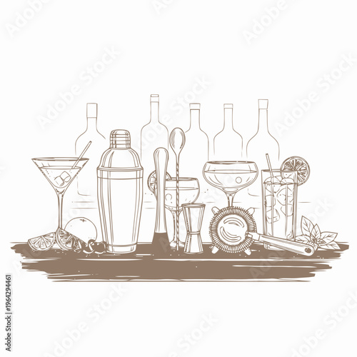 Artistic hand-drawn sketch illustrating classic cocktail bar tools, drink glassware, and fresh garnishes, perfect for mixology concepts and beverage menus