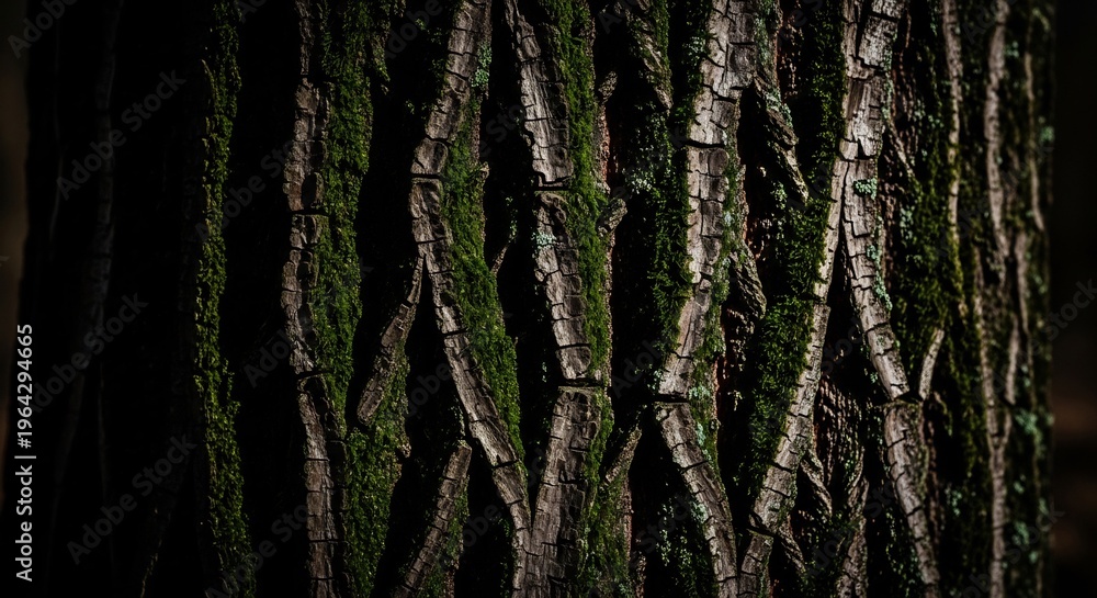 Obraz premium Close Up Texture of Rough Tree Bark with Moss and Shadows.