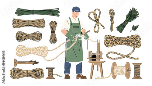 Craftsman at Work: A craftsman skillfully works with various ropes and materials, demonstrating the art of rope-making. Various rope samples and tools are meticulously arranged.
