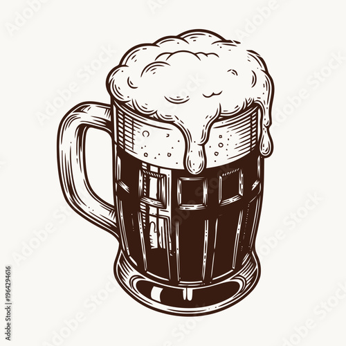 Vintage Hand-Drawn Illustration of a Frothy Dark Beer Mug, Perfect for Pub Menus or Beverage-Themed Designs, Showcasing Classic Engraving Style Artwork