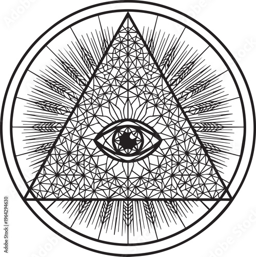 The all-seeing eye of God in a pyramid, composed of  Illuminati sign, geometric shapes and lines.