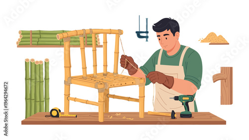 Artisan's Craft: A skilled craftsman meticulously constructs a bamboo chair in a well-lit workshop, showcasing the art of traditional craftsmanship.