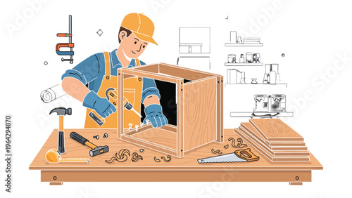 Crafting the Blueprint: An image capturing the essence of a diligent craftsman assembling a wooden creation, focusing on the intricate process of woodworking and the meticulous precision involved.