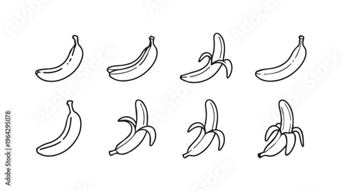 Banana Icons Set Peeled and Unpeeled Hand-Drawn Style Simple Outline