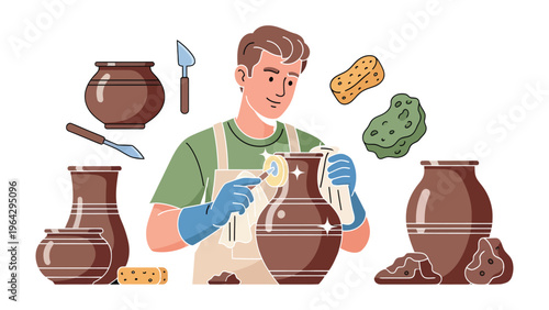 Artisan Crafting Pottery: An artisan meticulously polishes a handcrafted pottery vase, showcasing his skill and dedication to the timeless art of ceramics.