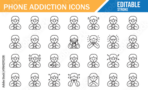 Mobile phone addiction icons pack minimal doodle people vector illustration
