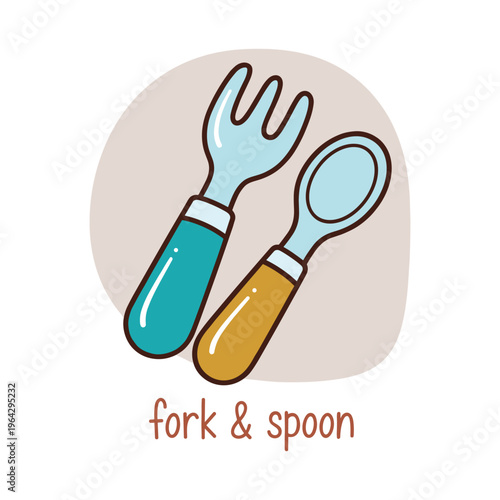 Cute baby fork and spoon illustration, isolated on white background, kids mealtime concept