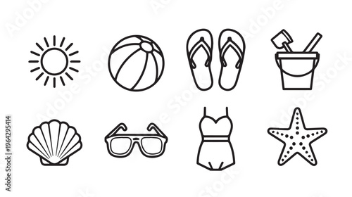 Beach Icons Set: Sun Ball Flip Flops Bucket Shell Glasses Swimsuit Starfish | Stock Graphics
