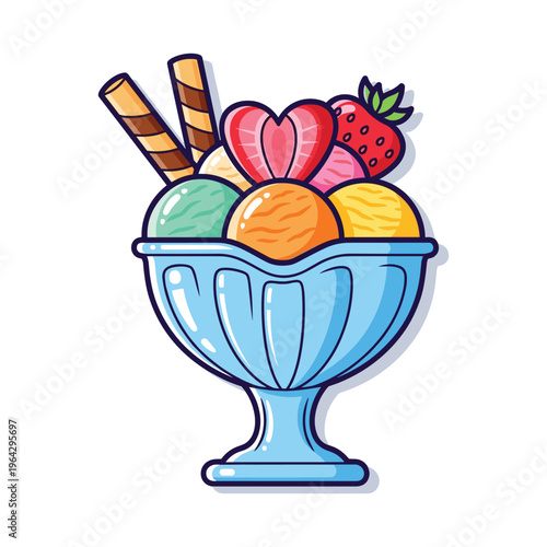 Colorful Ice Cream Sundae with Strawberries and Wafer Sticks, Cartoon Style