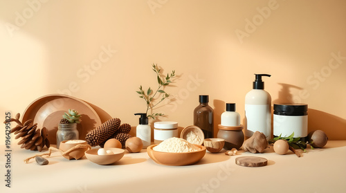 Assortment of natural ingredients and cosmetic products arranged on a surface with a warm, soft backdrop