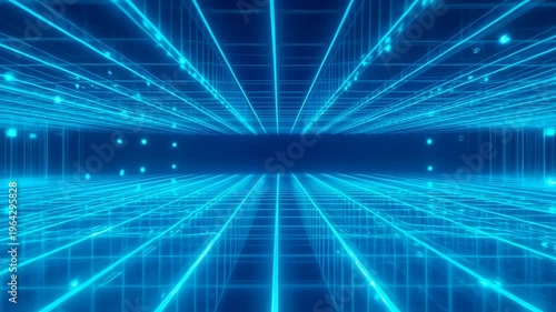 Neon grid corridor glowing blue lines reflective floor futuristic digital depth energetic mood futuristic data tunnel neon blue grid glowing particle corridor perspective depth digital network