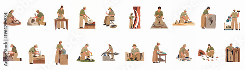 Cuadro en lienzo Large collection of paleontologists and archaeologists excavating and researching prehistoric fossils, dinosaur bones and ancient artifacts in a flat vector illustration style