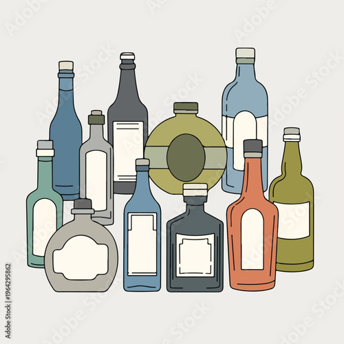Assorted liquor bottles with blank labels on a neutral background
