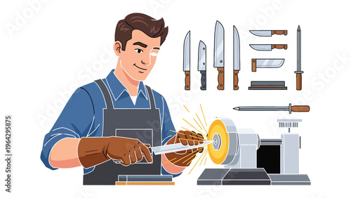 Sharpening Precision: A skilled artisan meticulously sharpens a knife with focused concentration, showcasing the art of blade maintenance. 