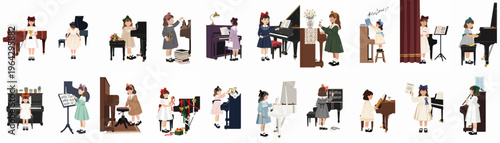 Set of 18 flat vintage illustrations featuring young girls practicing, performing, and caring for pianos in various musical education settings.