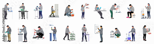 Flat illustration collection of diverse scientists and researchers performing various laboratory experiments and tasks in a modern scientific lab environment.