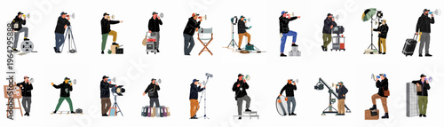 Set of vector illustrations featuring professional film crew members and directors using megaphones and movie production equipment on a white background.