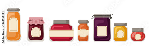 Vector set of various jams with empty labels. Collection of clip art of jars with sweet syrup in a flat style