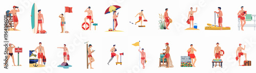 Set of flat vector illustrations featuring male lifeguards in various rescue, surveillance, and beach safety poses.