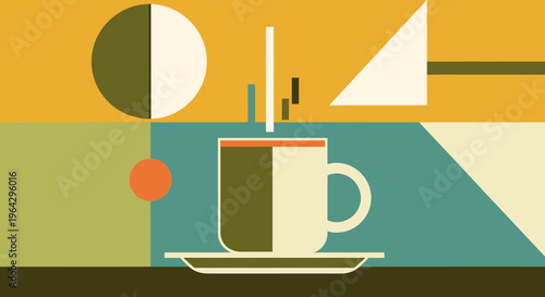 A vibrant geometric illustration of a coffee cup on a saucer indoors