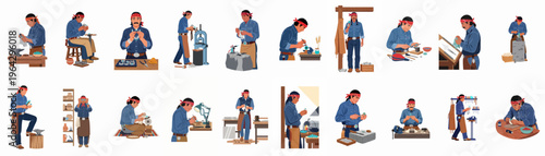 A collection of illustrations showing a Native American artisan crafting traditional turquoise jewelry in a variety of workshop settings and detailed manual processes.