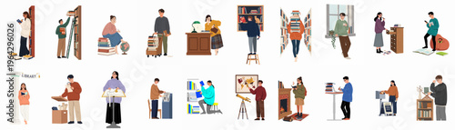 Diverse collection of people in a library setting engaged in activities like reading, researching, and organizing books, in a flat vector style.