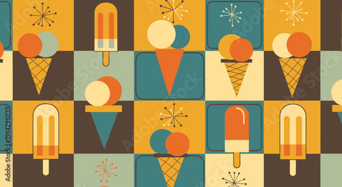 Colorful pattern of ice cream cones and popsicles on squares