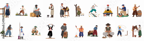 Flat illustration set of South American gauchos in traditional attire performing various rural activities, including ranching, crafts, and daily life on the pampas.