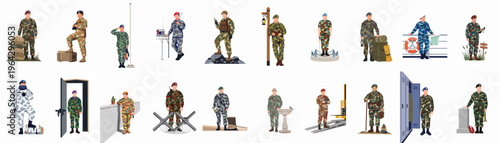 Set of Eighteen Flat Vector Illustrations Depicting Soldiers in Various Military Uniforms, Camouflage Patterns, and Operational Settings on a Plain White Background