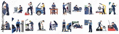 Large collection of flat vector illustrations depicting diverse male and female auto mechanics performing various professional car maintenance and repair tasks.