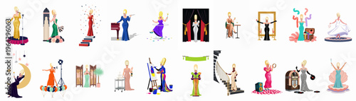 Diverse collection of 20 vector illustrations showcasing a glamorous drag queen in various elegant outfits, stage performances, and lifestyle scenes on a white background.