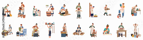 Set of female pottery artists and craftswomen working in a studio, creating handmade ceramic pots and vessels through various artisanal processes.