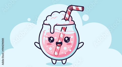 A cute cartoon pink drink with a straw and foam top smiles on a blue background