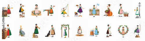 Collection of flat vector illustrations depicting women in traditional Bavarian dirndls participating in various Oktoberfest and German cultural activities and traditions.