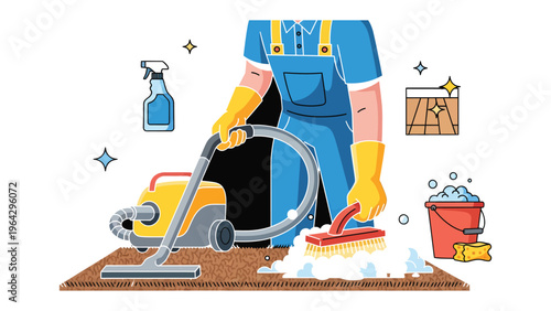 Housekeeper's Realm: A diligent housekeeper embodies dedication as he meticulously cleans a domestic carpet with both a vacuum cleaner and a brush.