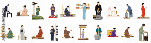 Collection of Flat Vector Illustrations Depicting Traditional Japanese Tea Ceremony Rituals and People in Authentic Kimono Attire.